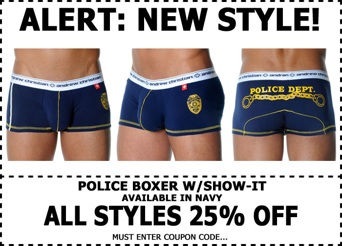 Andrew Christian 25% Off Sale + New Police Show-It Boxer Now Shipping